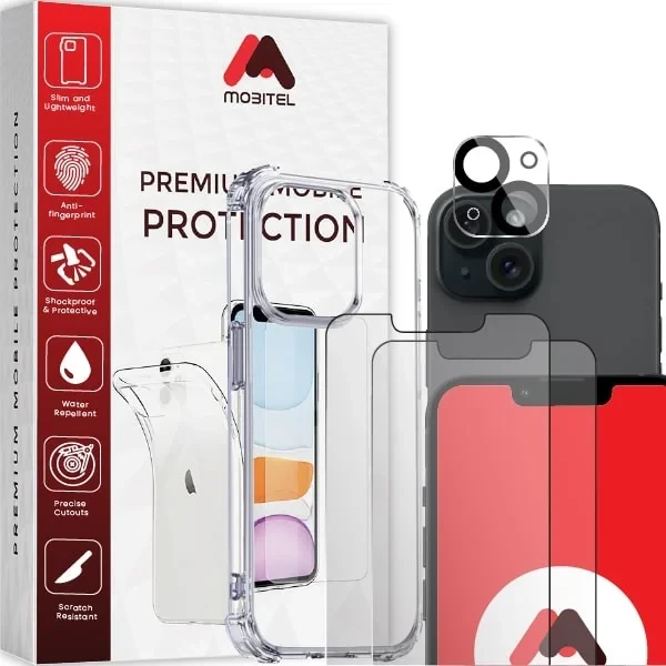 Mobitel 4 in-1 Case for iPhone 14 6.1-inch, with 2-pack Screen Protector and 1-pack Camera Lens Protector